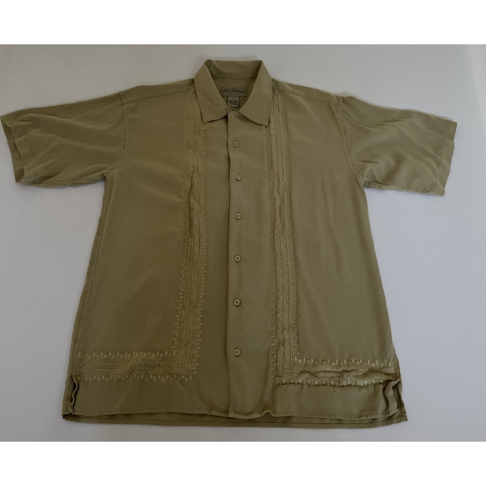 La Habana Miami Mens Short Sleeve Silk Button Down Shirt Beige Embroidered M